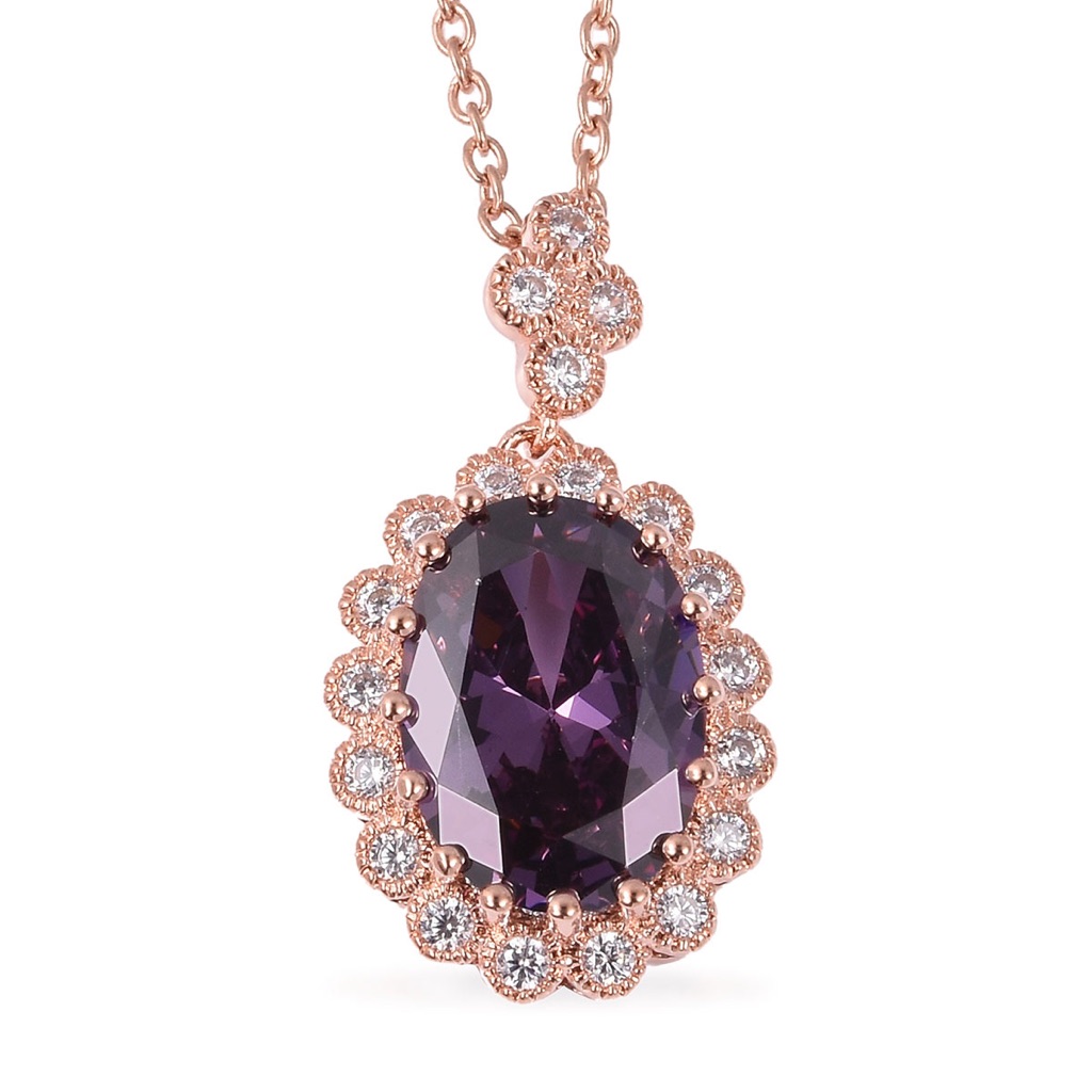 Rose Gold Stainless Steel Ion Plated Necklace Amethyst Cz Pendant 34$